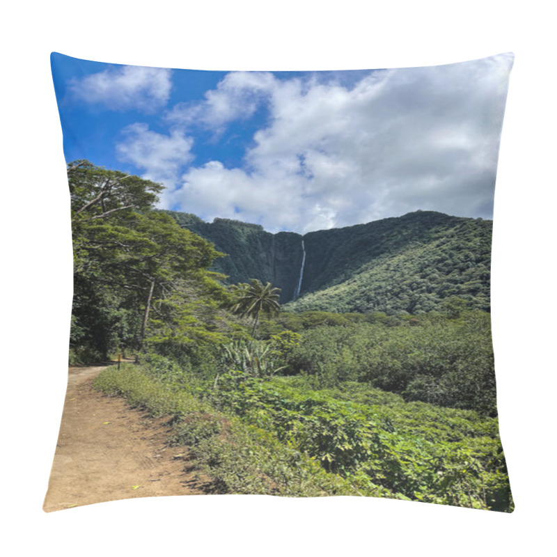 Personality  A Dirt Trail Leads Through The Tropical Forest With A Lush Mountain Waterfall In The Background. There's A Bright Blue Sky And Puffy White Clouds Above. Tropical Palm Trees And Foliage Line The Path. Pillow Covers