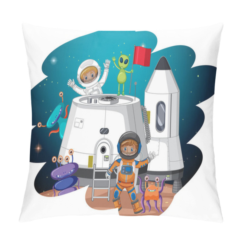 Personality  Cartoon Astronaut And Aliens On Planet In Cartoon Style Illustration Pillow Covers