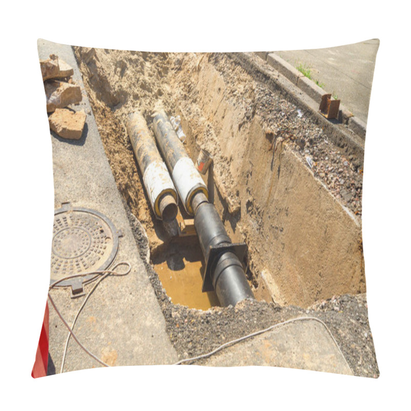 Personality  Water Pipes In Ground Pit Trench Ditch During Plumbing Under Construction Repairing. Repair Of A Water Supply Or Gas Pipeline Pillow Covers