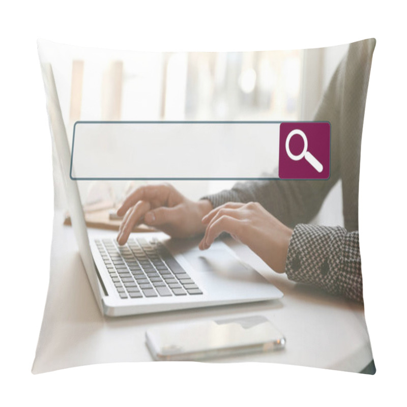 Personality  Search Bar Of Internet Browser And Woman Working With Laptop At Table Indoors, Closeup Pillow Covers