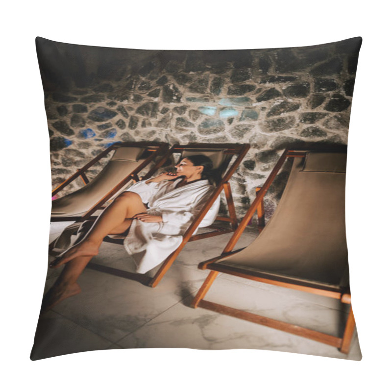 Personality  Woman Relaxing In A Salt Room While Wearing A White Robe Enjoying Tranquility And Wellness At A Spa Retreat Pillow Covers