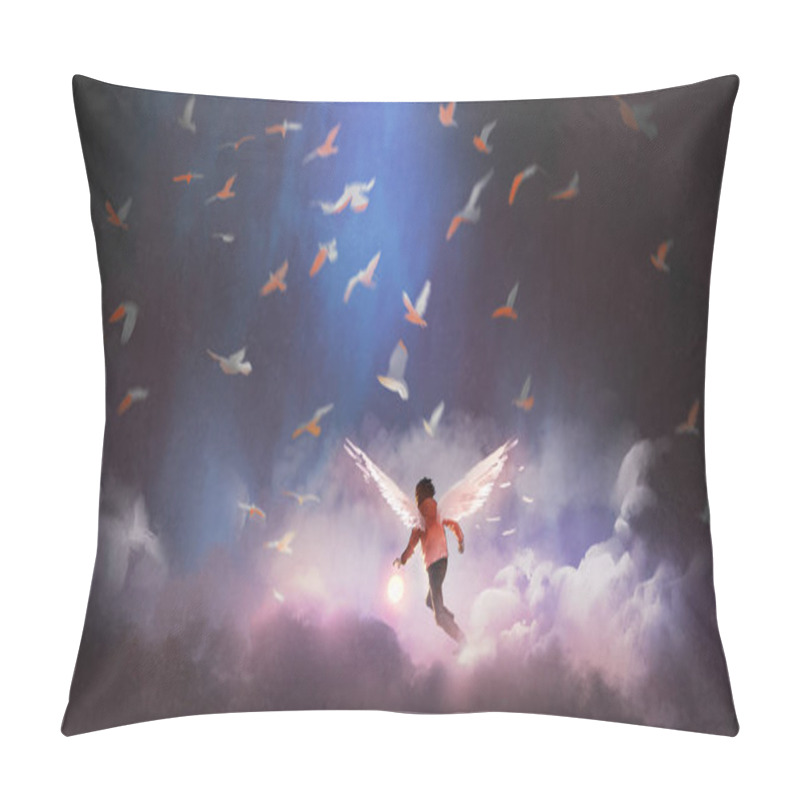 Personality  Boy With Angel Wings Holding A Glowing Ball Running Through Group Of Birds, Digital Art Style, Illustration Painting Pillow Covers