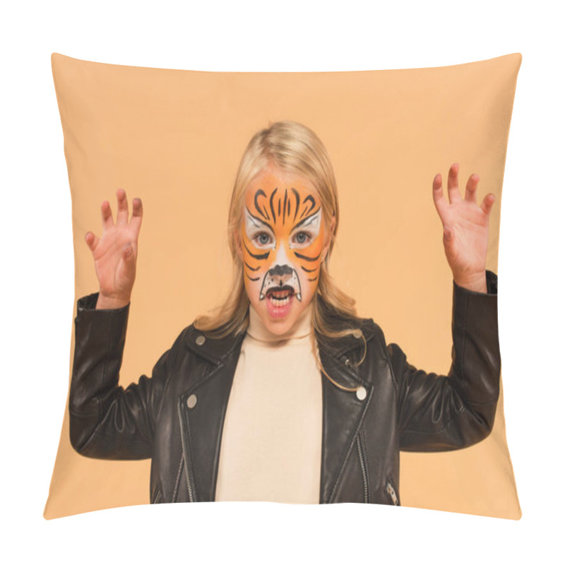 Personality  Angry Girl With Tiger Face Painting Growling And Showing Scary Gesture Isolated On Beige Pillow Covers