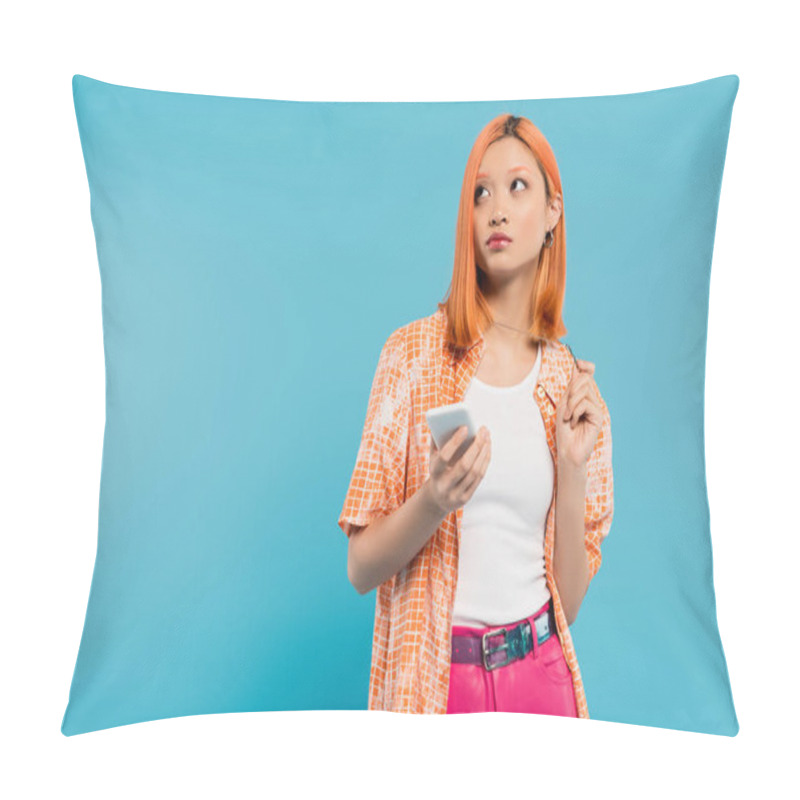 Personality  Social Media Influencer, Pensive Asian Woman With Dyed Hair Holding Smartphone And Looking Away On Blue Background, Mobile Phone, Youth Culture, Digital Age, Generation Z  Pillow Covers