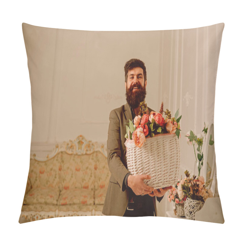 Personality  Flower Concept. Bearded Man Hold Basket With Fresh Flowers. Man In Flower Shop. Flower Delivery Pillow Covers