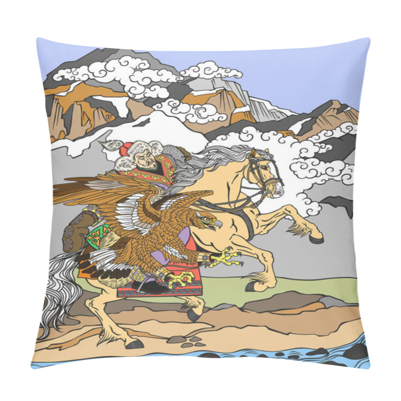 Personality  Hunting With A Golden Eagle On A Horse. Kazakh Nomad Hunter Wearing A Fur Jacket, Hat And Skin Gloves And Sitting On Pony Horseback In The Gallop. Traditional Falconry In The Eurasian Steppe. Illustration Pillow Covers