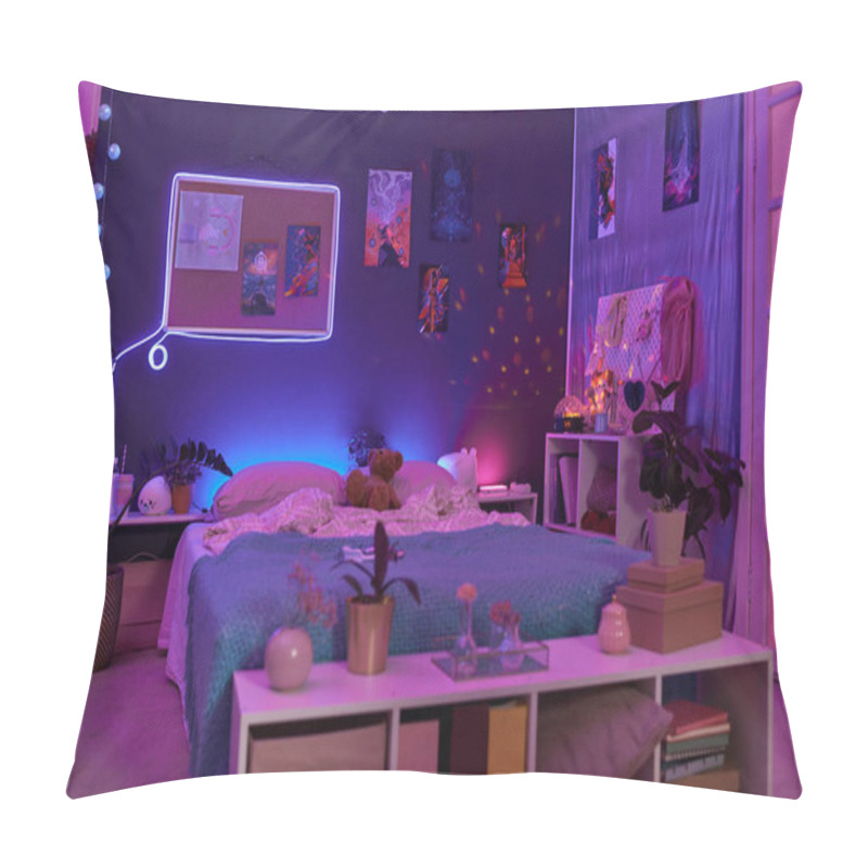 Personality  Background Image Of Girls Room Interior With Pink And Purple Neon Lights Over Comfortable Bed And Fluorescent Art Copy Space Pillow Covers