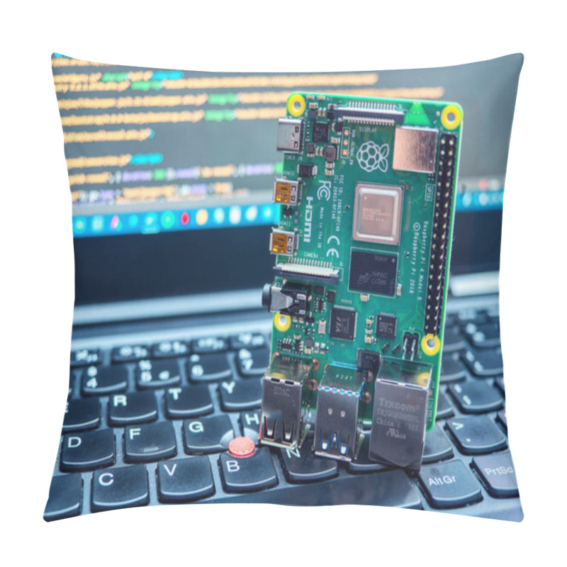 Personality  Galati, ROMANIA - March 22, 2020: Close-up Of A Raspberry Pi 4 M Pillow Covers