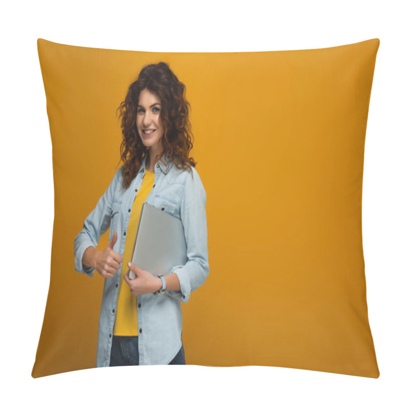 Personality  Cheerful Redhead Girl Holding Laptop And Showing Thumb Up On Orange  Pillow Covers