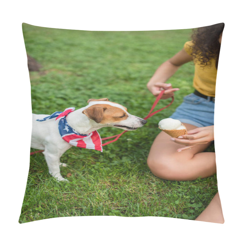 Personality  Cropped View Of Young Woman Keeping Dog On Leash And Holding Ice Cream Pillow Covers