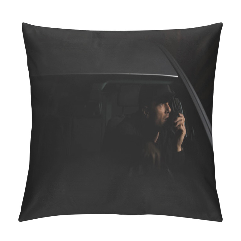 Personality  Front View Of Male Private Detective In Cap Using Talkie Walkie In Car Pillow Covers