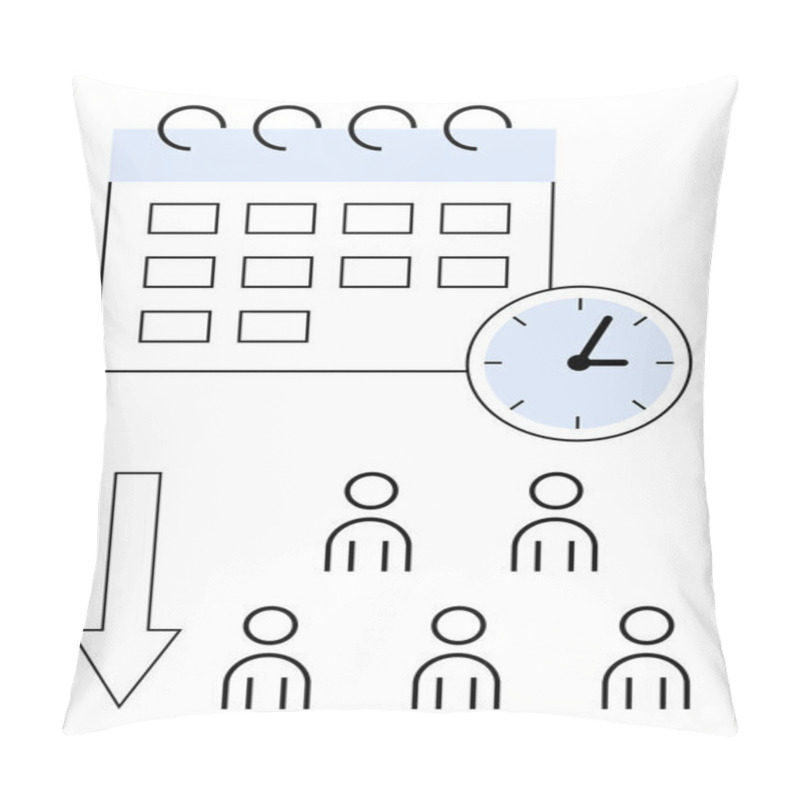 Personality  Calendar Clock Five Team Members, Bold Downward Arrow. Ideal For Project Management, Team Coordination, Scheduling, Time Management, Task Delegation, Deadlines, Office Workflow. Line Metaphor Pillow Covers