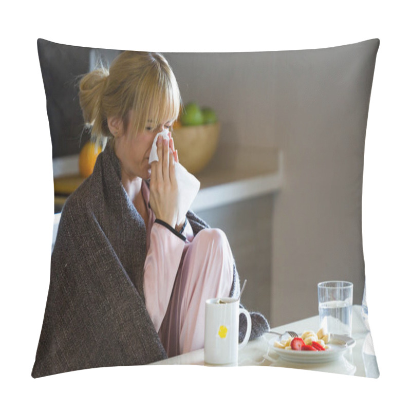 Personality  Shot Of Illness Young Woman Sneezing In A Tissue At Home. Pillow Covers