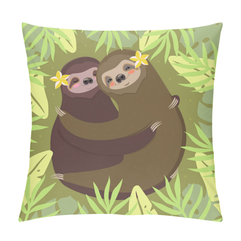 Personality  A Couple Of Sloths Hugging. Green Card With Palm Leaves And Sloths. Vector Image. Pillow Covers