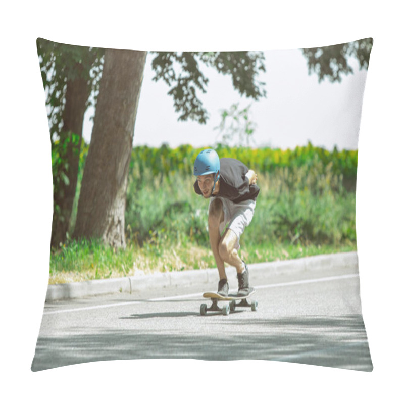 Personality  Skateboarder Doing A Trick At The Citys Street In Sunny Day Pillow Covers