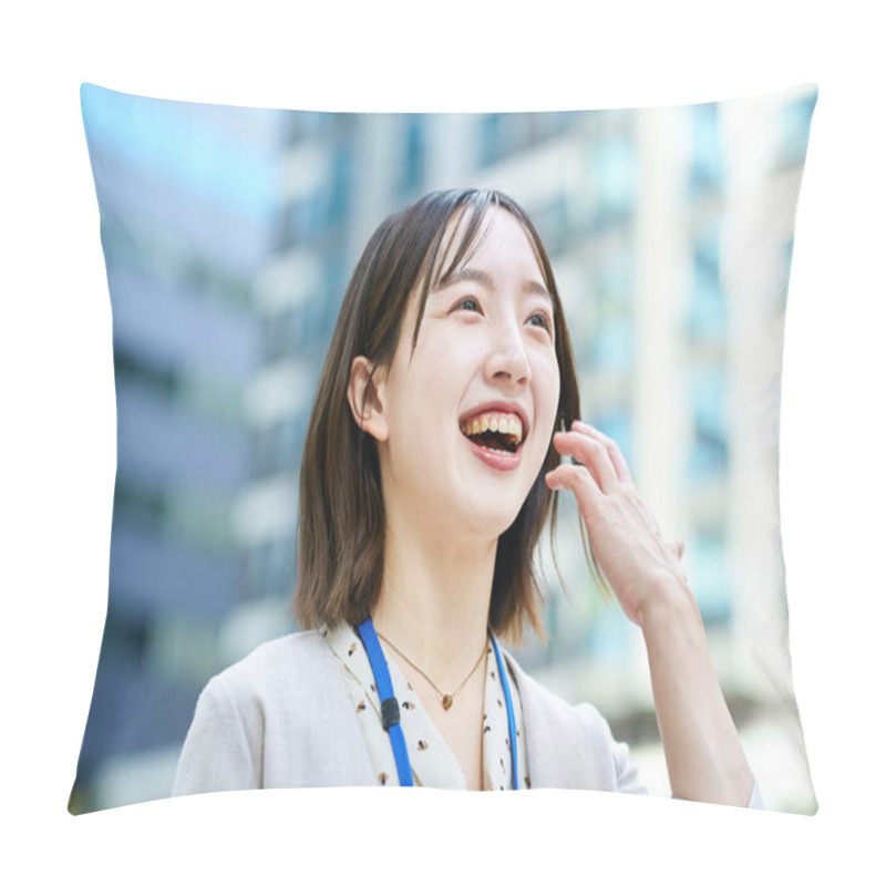 Personality  Smiling Young Business Woman Outdoors On Fine Day Pillow Covers