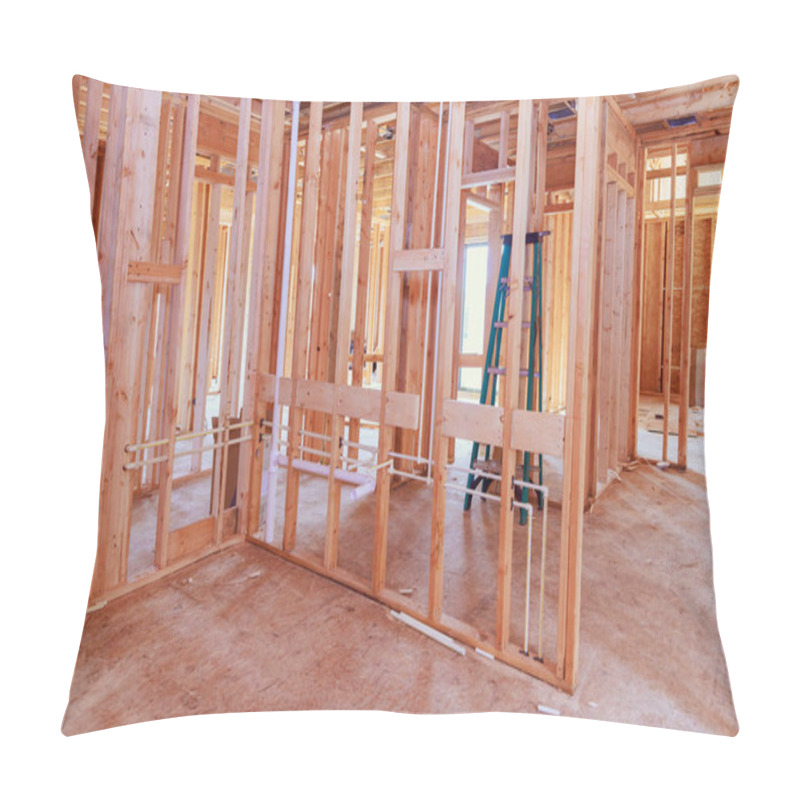 Personality  Unfinished Interior Of Newly Constructed House Has Wooden Stud Timber Framing Supporting Beam Pillow Covers