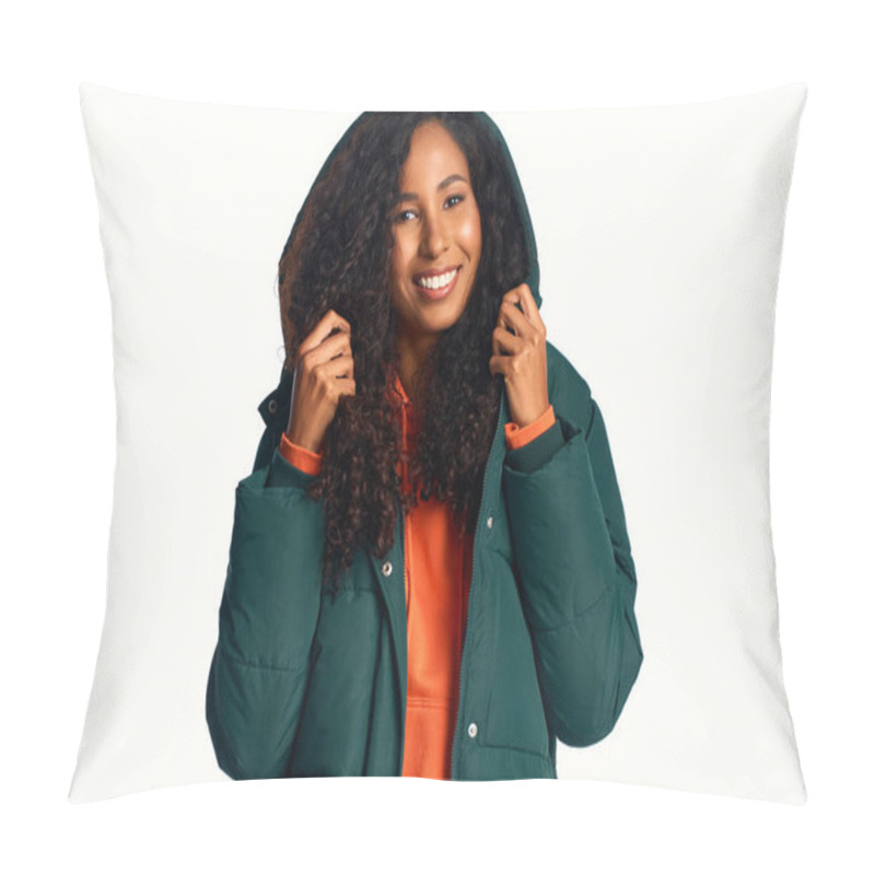 Personality  Beautiful Woman With Curly Hair Wears A Stylish Jacket While Smiling Warmly At The Camera Pillow Covers