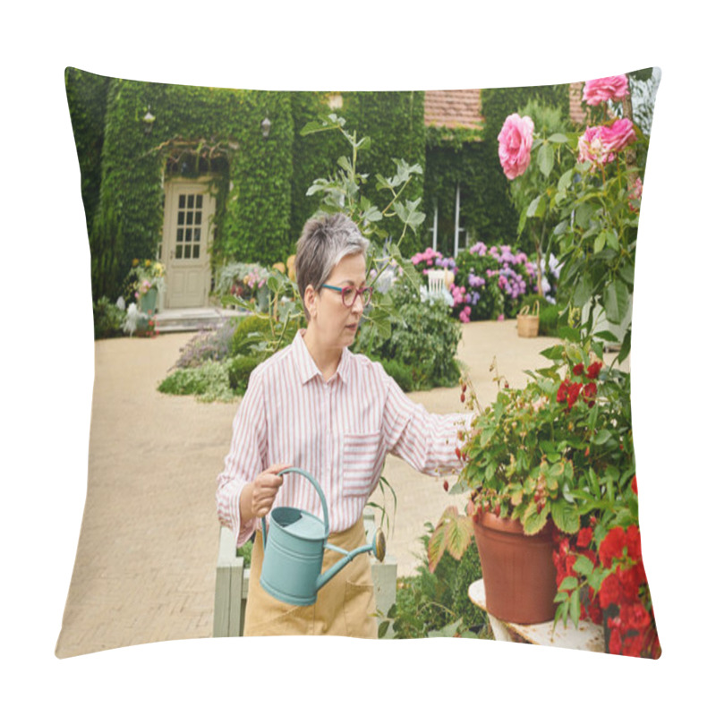 Personality  Good Looking Jolly Mature Woman Watering Her Lively Vibrant Flowers In Her Garden In England Pillow Covers