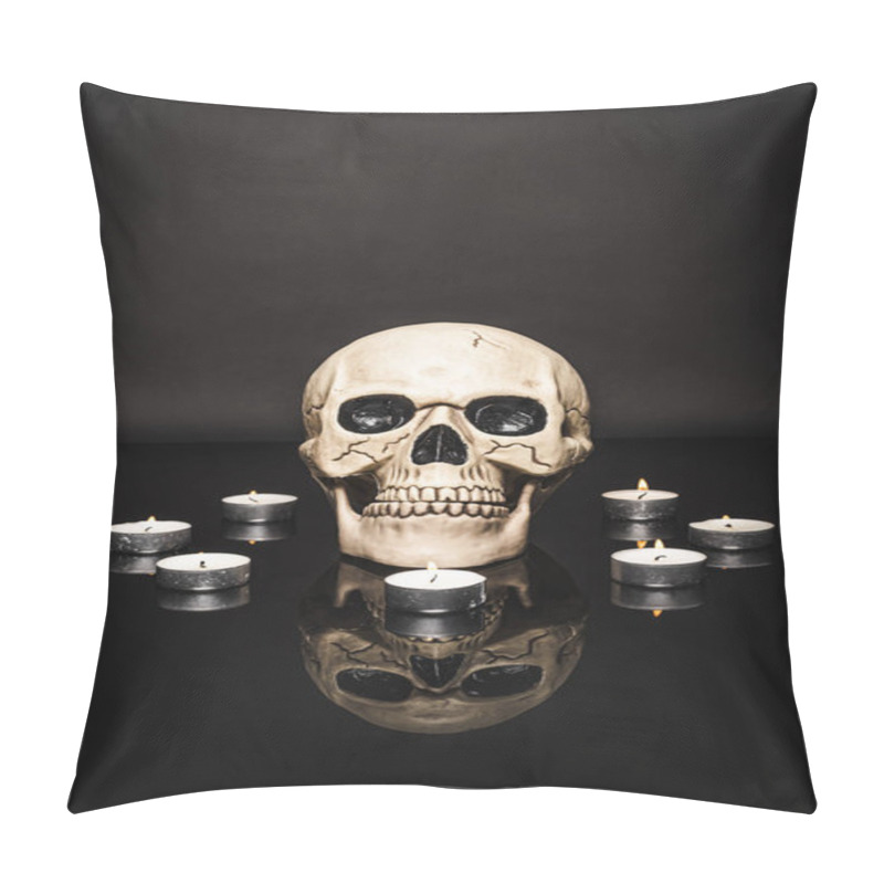 Personality  Burning Candles Near Spooky Skull On Black  Pillow Covers