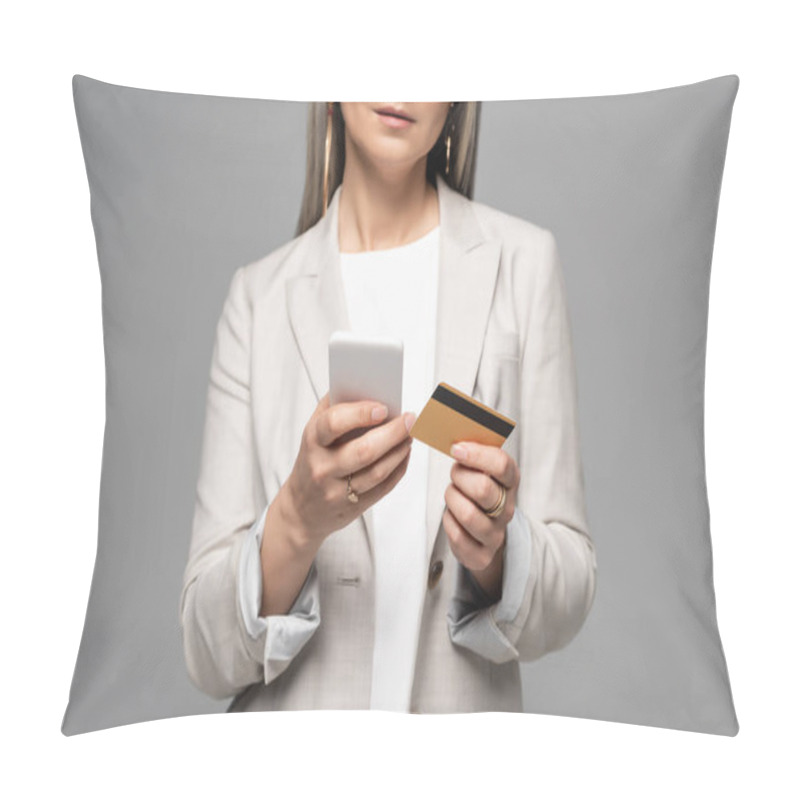 Personality  Cropped View Of Businesswoman With Grey Hair Shopping Online With Credit Card And Smartphone Isolated On Grey Pillow Covers