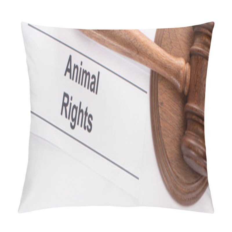 Personality  Panoramic Shot Of Judge Gavel And Animal Rights Inscription On White Background Pillow Covers