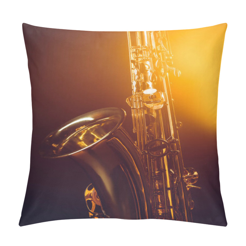 Personality  Close-up View Of Shiny Professional Saxophone And Spotlight On Black  Pillow Covers