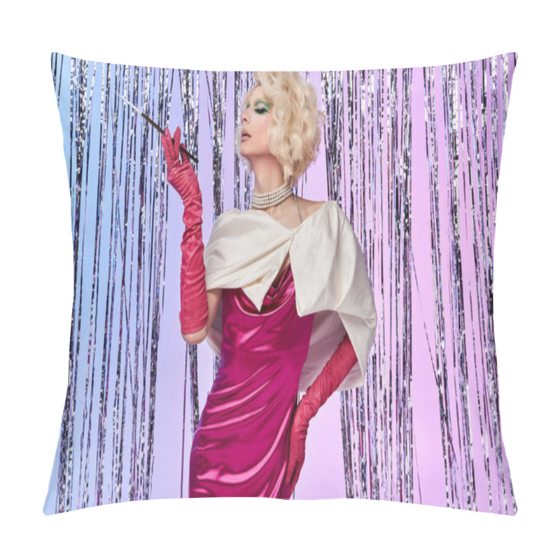 Personality  A Young Drag Queen Showcases Bold Style While Striking A Confident Pose. Pillow Covers