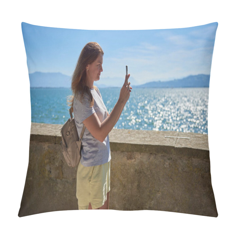 Personality  Woman Capturing Scenic Photos By A Sparkling Lake On A Sunny Day With Majestic Mountain Views. Idyllic Lakeside Setting Showcases Natural Beauty And Outdoor Adventure In A Serene European Landscape Pillow Covers