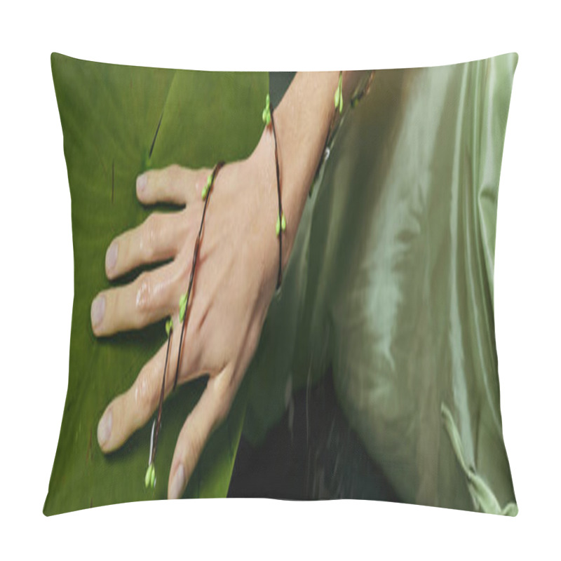 Personality  A Womans Hand With Green Floral Jewelry Rests On A Large Green Leaf Near A Swamp. Pillow Covers