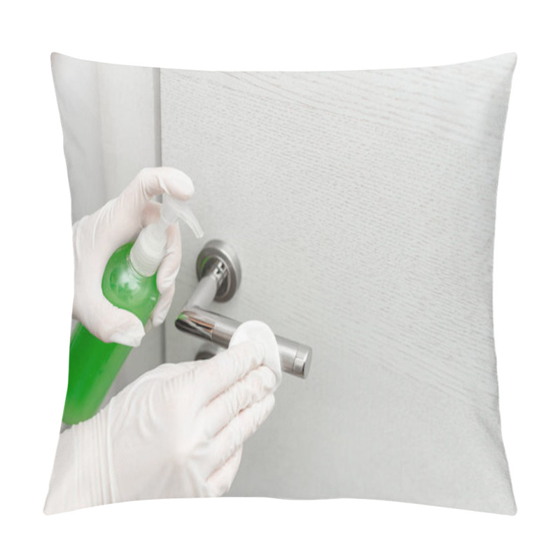 Personality  Infection Control With Antiseptic, Disinfecting Agents Applied To Electronic Devices Gadgets Sufaces Surrounding. Health Awareness Concept Pillow Covers