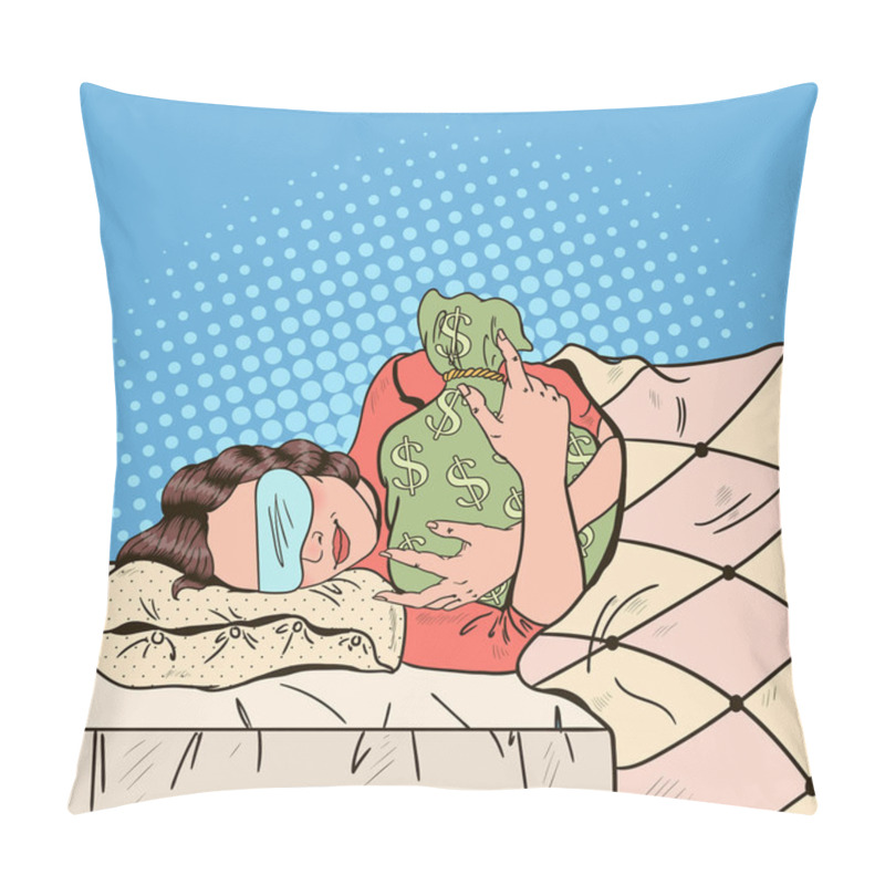 Personality  Young Woman Sleeping In Bed With Money Bag. Pop Art Retro Vector Illustration Pillow Covers