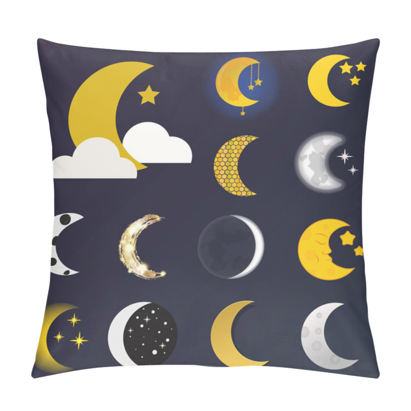 Personality  Different Moon Nature Cosmos Cycle Satellite Surface Whole Cycle From New Star Vector Illustration. Pillow Covers