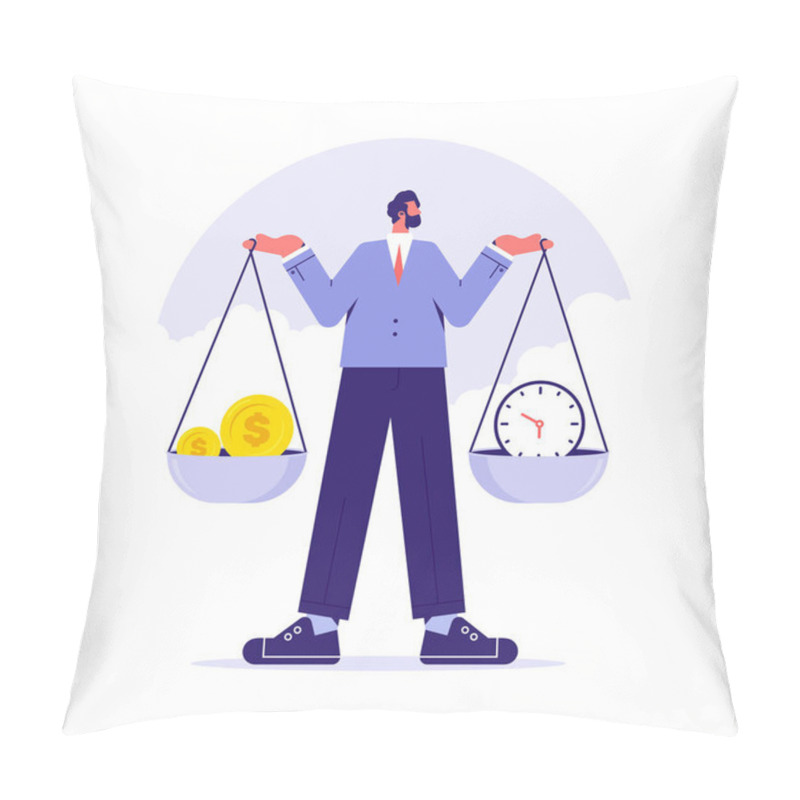 Personality  Work Life Balance, Businessman Hold Scales In Hands, Find Perfect Balance Between Money And Time. Man Employee Have Balance Work And Life. Vector Illustration Pillow Covers