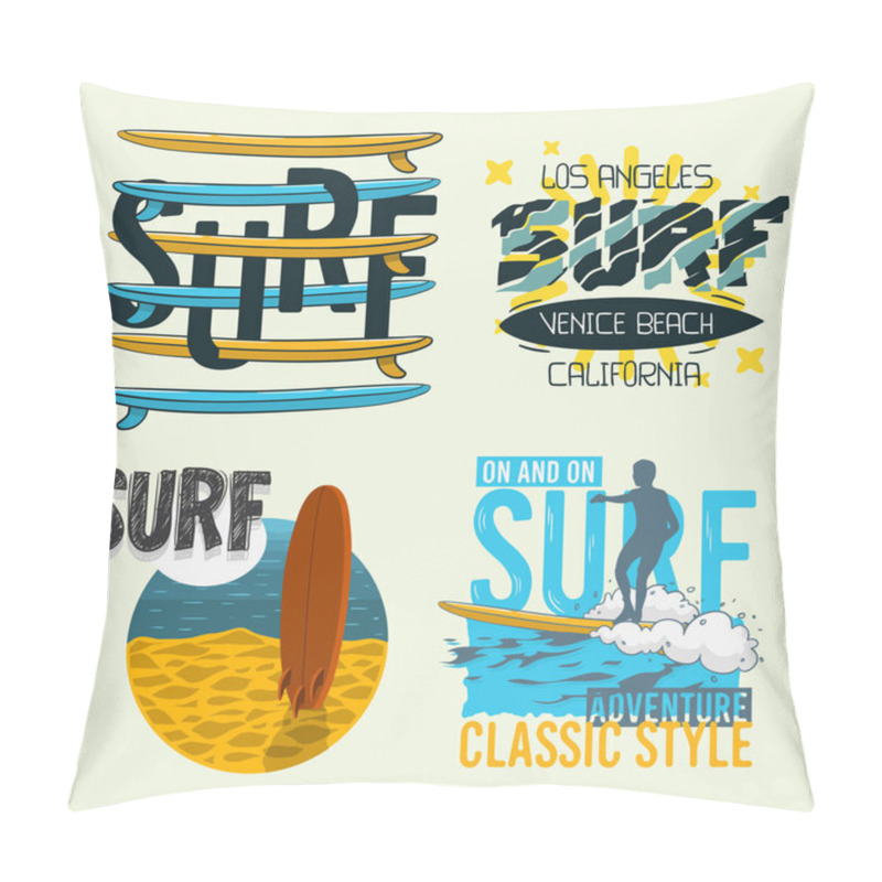 Personality  Surfing Style Surf Summer Time Beach Life Hand Lettering Vector Illustrations Set Designs. Pillow Covers