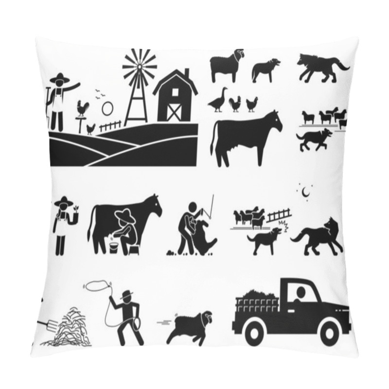 Personality  Traditional Farmer Lifestyle At Barn. Stick Figure Illustrations Depict Farmer, Animals, Cow Milking, Sheepdog, Herding, Sheep, Wolf, Shearing, And Haystack.  Pillow Covers