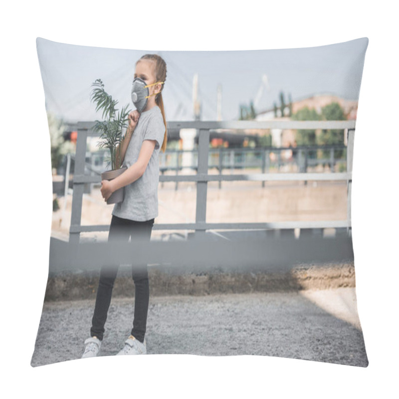 Personality  Child In Protective Mask Carrying Green Potted Plant, Air Pollution Concept Pillow Covers