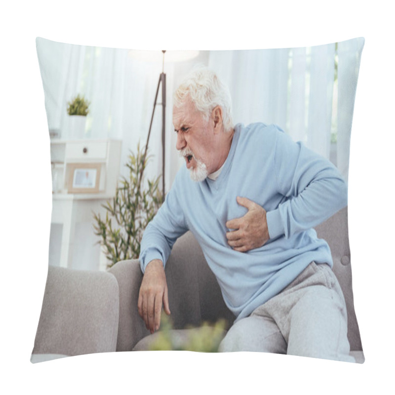 Personality  Unhappy Senior Man Having Cardiovascular Disease Pillow Covers