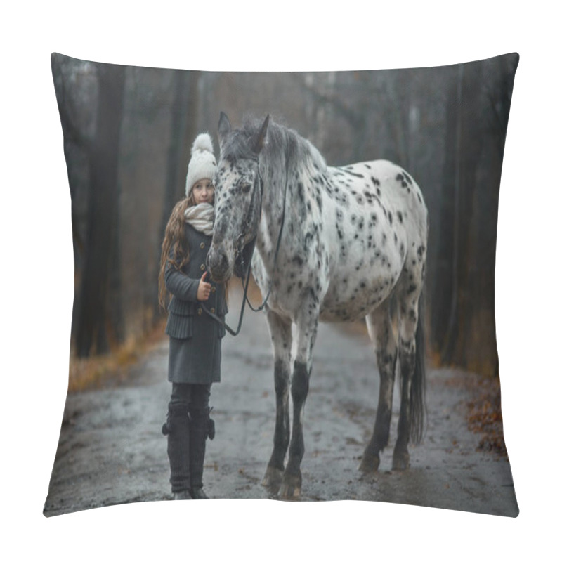 Personality  Young Girl Portrait With Appaloosa Horse And Dalmatian Dogs  Pillow Covers