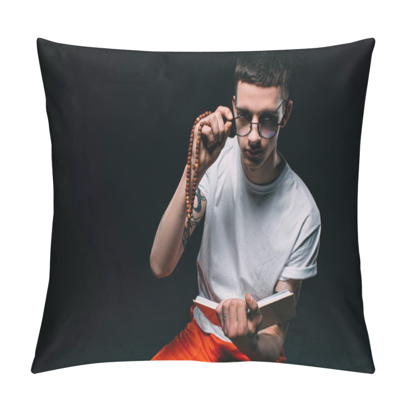 Personality  Male Prisoner Holding Rosary And Reading Bible On Dark Background Pillow Covers