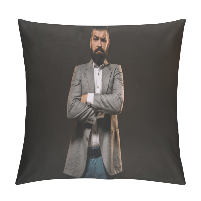 Personality  Stylish Businessman Standing With Crossed Arms Isolated On Brown Pillow Covers