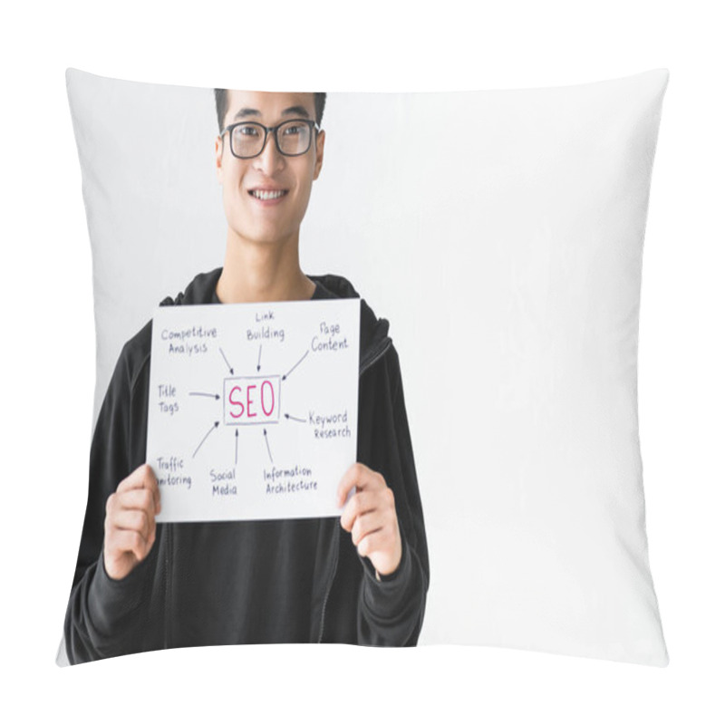 Personality  Smiling Asian Seo Manager Holding Paper With Concept Words Of Seo  Pillow Covers