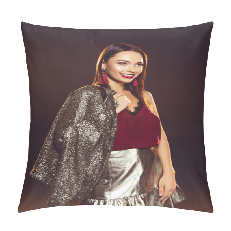 Personality  Cheerful Young Woman In Glamour Dress Posing With Jacket Over Shoulder On Black With Backlit  Pillow Covers