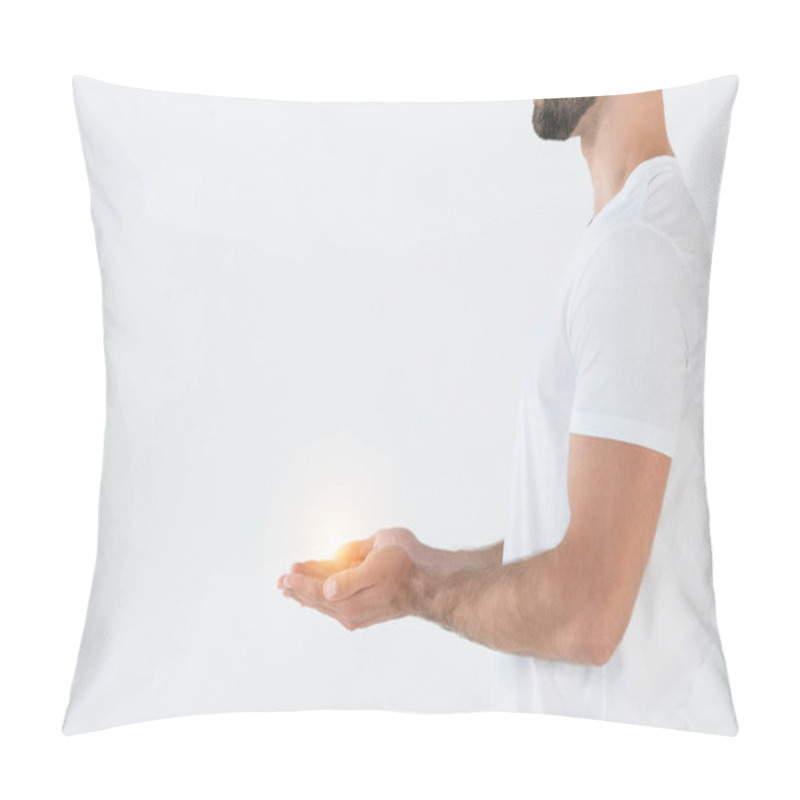 Personality  Cropped View Of Bearded Man Standing With Cupped Hands Isolated On White  Pillow Covers