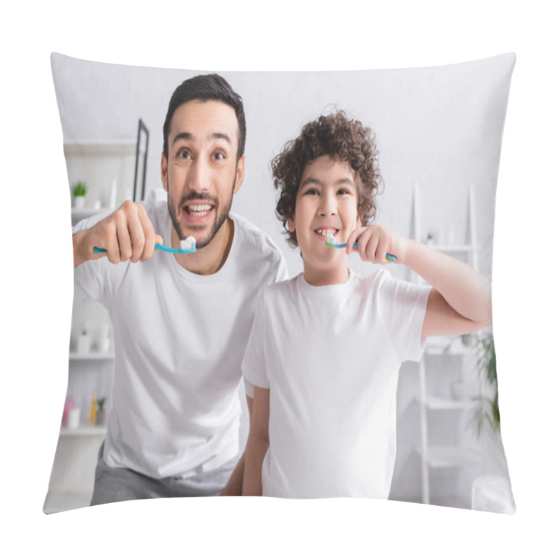 Personality  Smiling Muslim Father And Son Holding Toothbrushes With Toothpaste In Bathroom  Pillow Covers