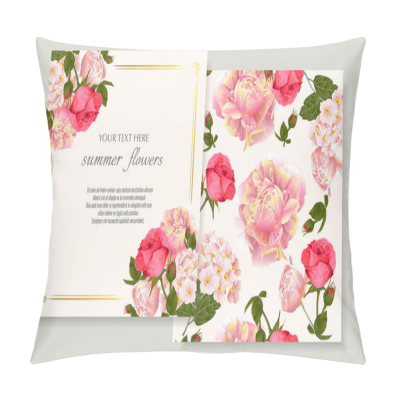 Personality  Vector Banners Set With Roses And Peonies Flowers.Template For Greeting Cards, Wedding Decorations, Invitation ,sales. Spring Or Summer Design. Place For Text. Pillow Covers