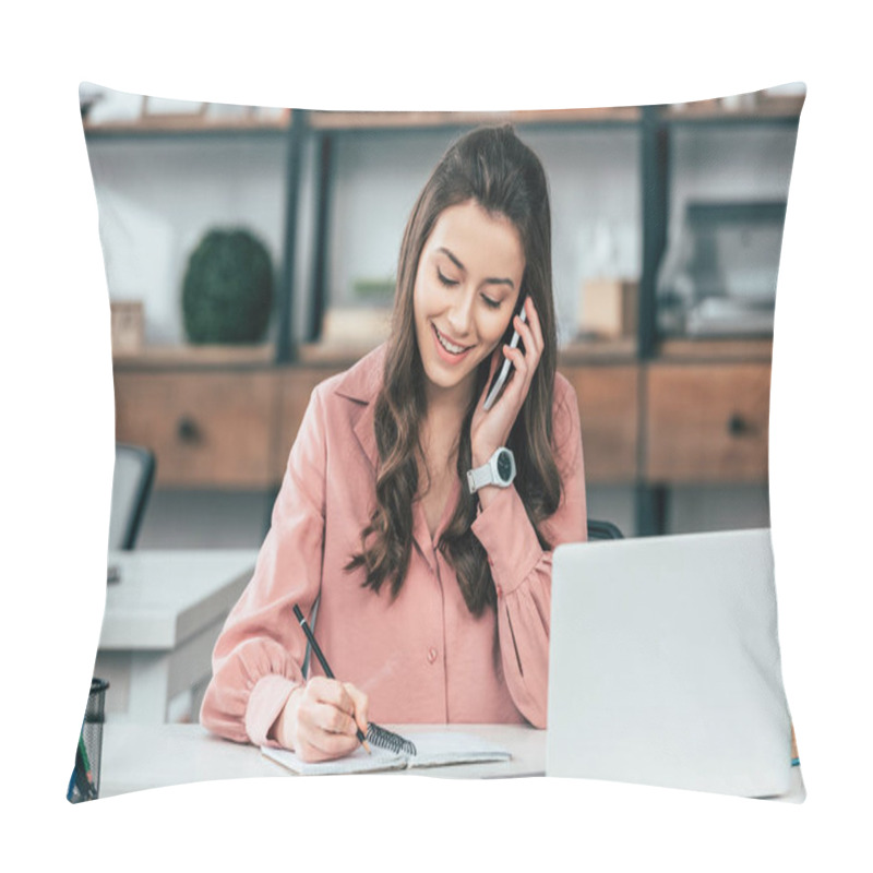 Personality  Dark-haired Smiling Girl In Pink Shirt Talking On Smartphone And Writing In Notebook At Table With Laptop Pillow Covers