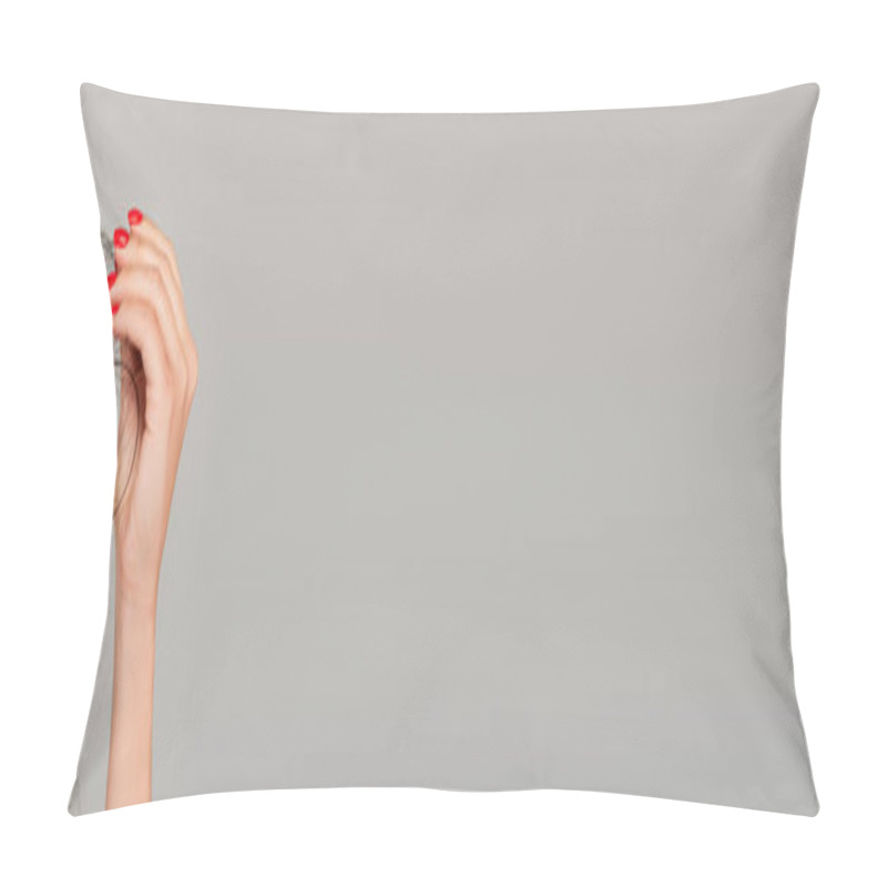 Personality  Partial View Of Woman With Red Manicure Holding Damaged And Tousled Hair Isolated On Grey, Banner Pillow Covers