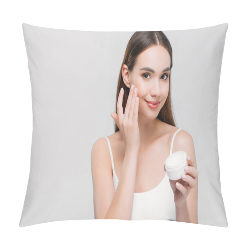 Personality  Beautiful Girl Applying Cosmetic Cream On Face, Isolated On Grey Pillow Covers