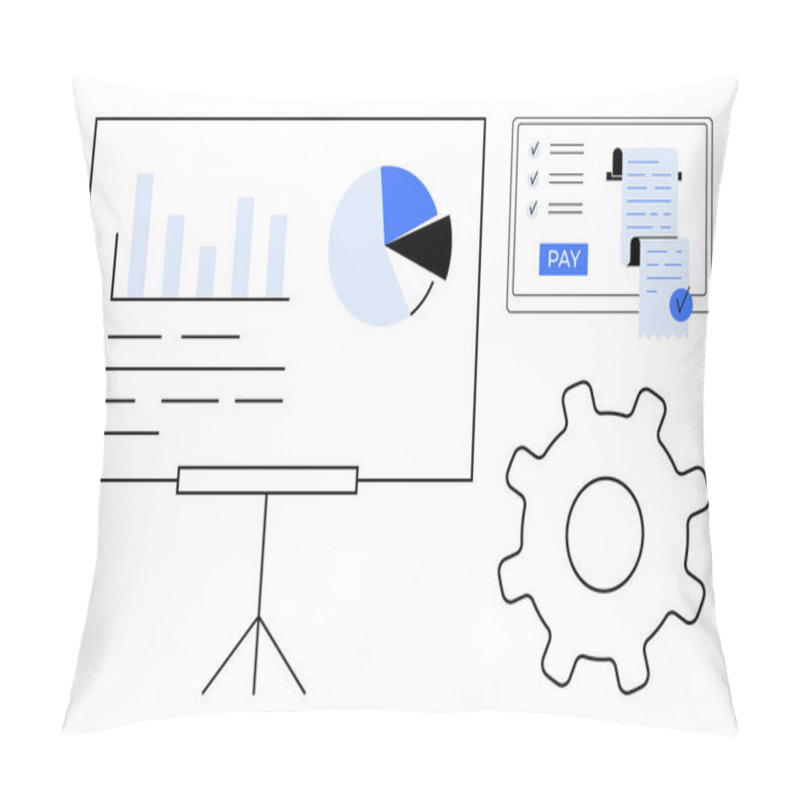 Personality  Bar And Pie Charts On A Whiteboard, A Tablet Displaying Transaction Details With A Pay Button, And A Gear Symbol. Ideal For Business Analytics, Finance, Digital Payments, Settings, Software Pillow Covers